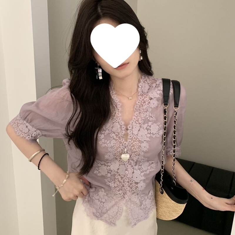 Lace Patchwork Ramie Short-Sleeve Slimming Shirt for Women, 2026 Summer New Style Eyelash Lace Atmospheric Blouse Lace Patchwork Ramie Short-Sleeve Slimming Shirt for Women, 2026 Summer New Style Eyelash Lace Atmospheric Blouse