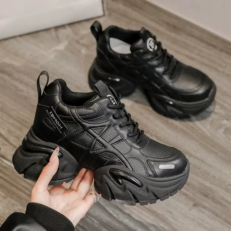 厚底增高老爹鞋女2025秋冬季新款皮面休闲运动鞋百搭显脚小单鞋潮