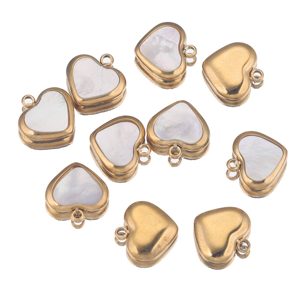 Heart Shape Pattern 5 PCS/Package 11*11mm Hole 1~1.9mm 304 Stainless Steel Shell PVD Coated Real Gold Plated Heart Shape Pendant DIY Jewelry Accessories