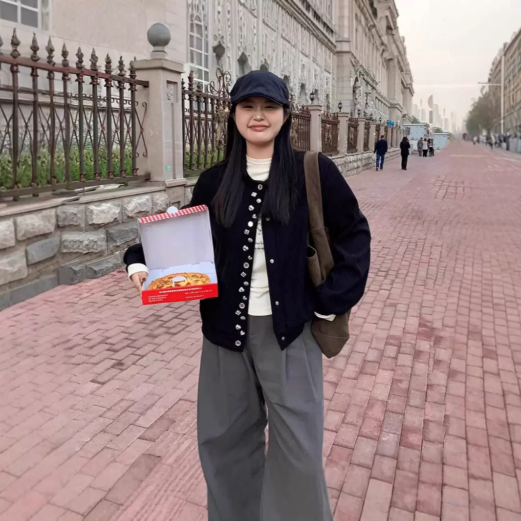大码女装小香风外套秋季新款微胖mm宽松显瘦名媛气质黑色开衫上衣