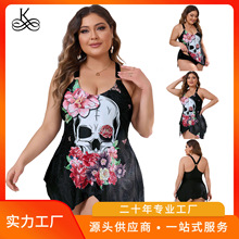 2024新款欧美大码女士泳衣骷髅印花性感露背高腰三角裤不规则衣摆