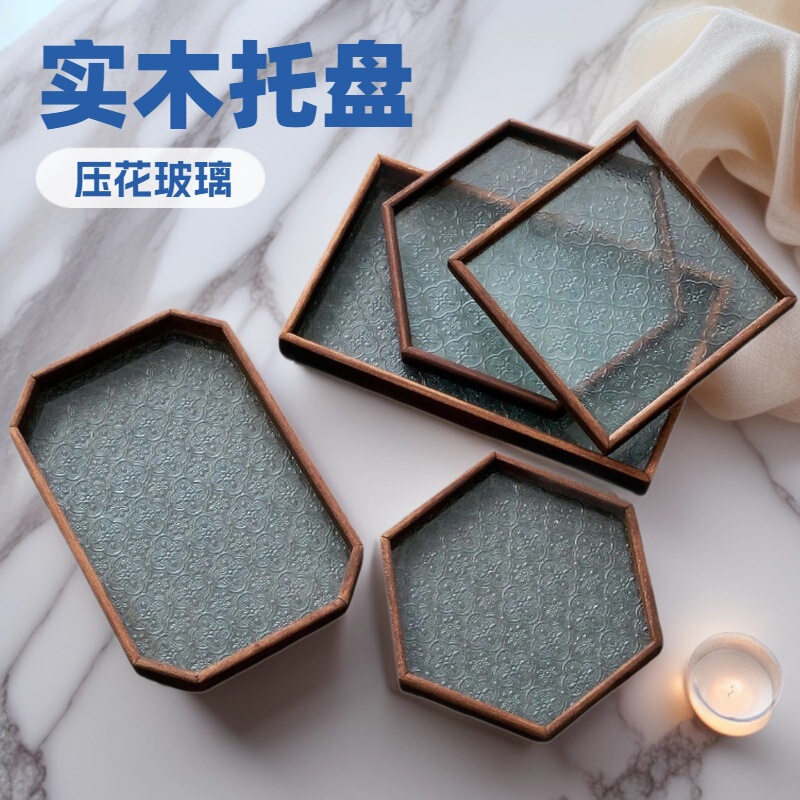 Retro Wooden Glass Tray Ins Style Walnut Color Custom Snack Tray Fruit Tray Chinese Tea Tray Tray