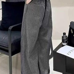 秋季新款时尚黑白条纹裤子女小个子慵懒风修身显瘦个性休闲阔腿裤