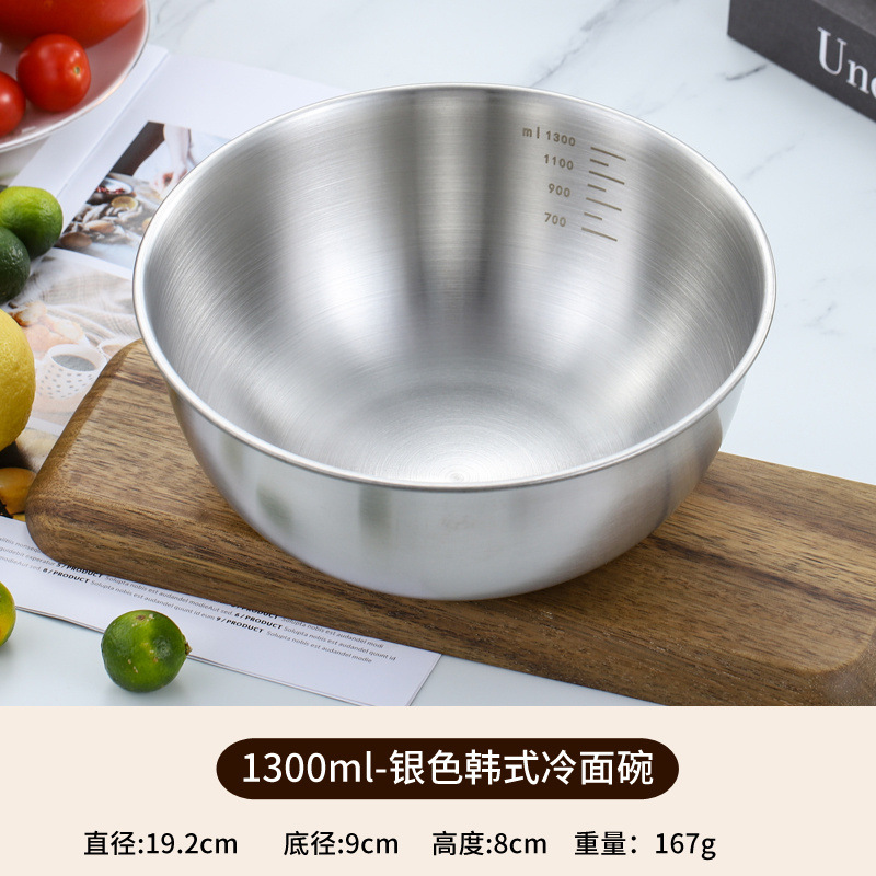 Venta al por mayor de fideos fríos de estilo coreano comercial de acero inoxidable ensaladera tazón de ensalada de frutas y verduras con escala de mezcla de Corea del Sur