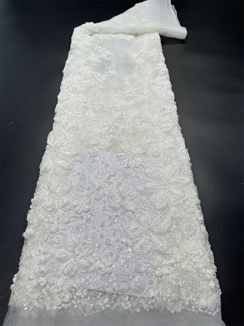 Discos de encaje de flores tridimensionales bordados vestido de novia blanco de alta calidad tela de moda tela de bordado de lentejuelas LACE