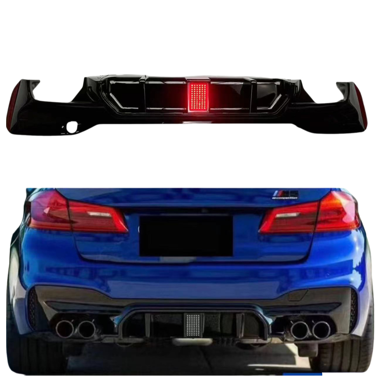 Suitable for Bmw 5 Series G30/G38 Racing Model Rear Lip with Square Lights, Glossy Black Carbon Pattern Rear Diffuser Tail Lip Surround