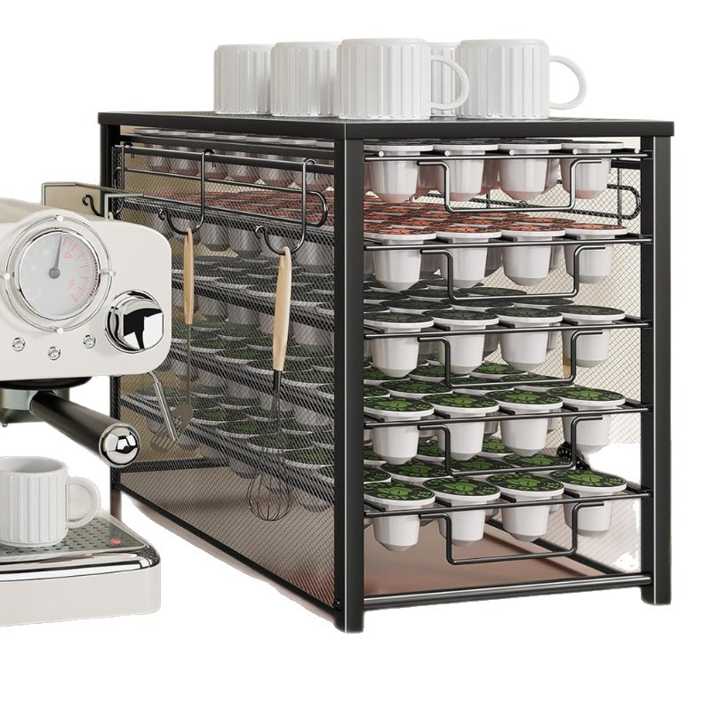 Estante de almacenamiento estratificado de 5 capas de caja de almacenamiento de cápsulas de café de hierro forjado simple con estante de gancho de taza