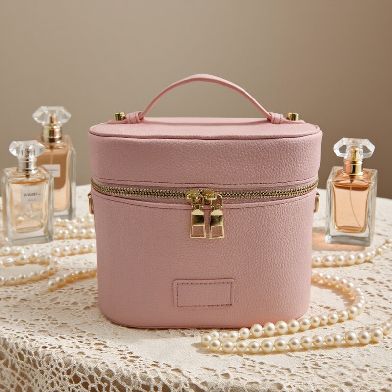 Foreign Trade Lychee Pattern Fashion Cosmetic Bag with Hand-Held and Cross-Body Straps, Pu Leather Cosmetic Case, Large Capacity Travel Cosmetic Bag