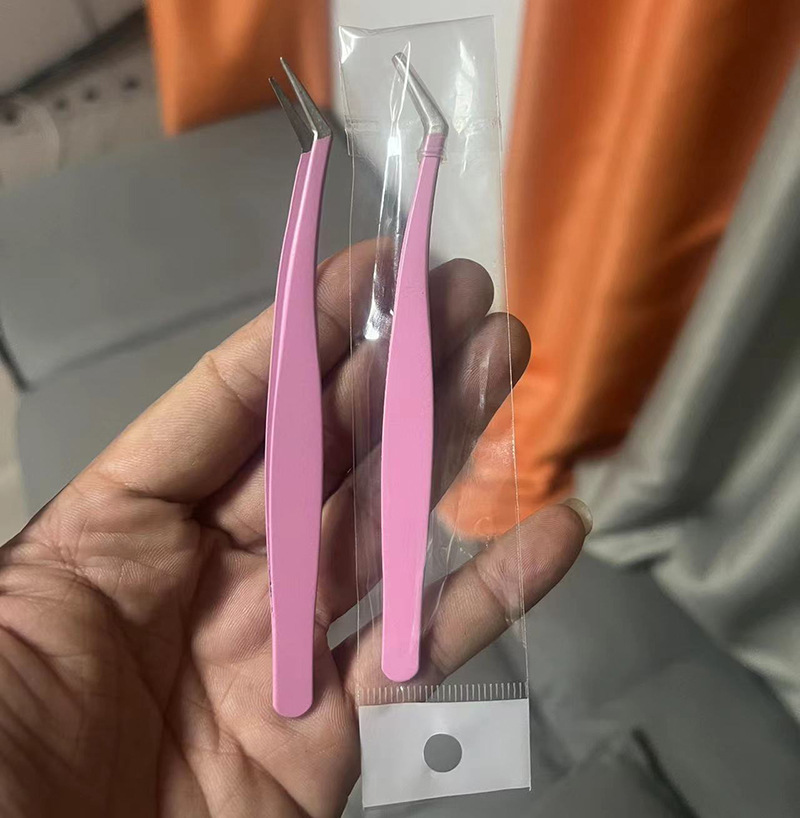 Pinzas para pestañas de acero inoxidable, punta curva, rosa