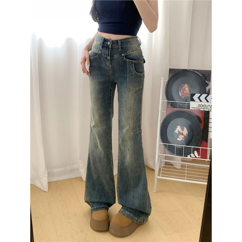 百搭新款美式复古高腰微喇牛仔裤女春秋季修身拖地显瘦马蹄喇叭裤|undefined