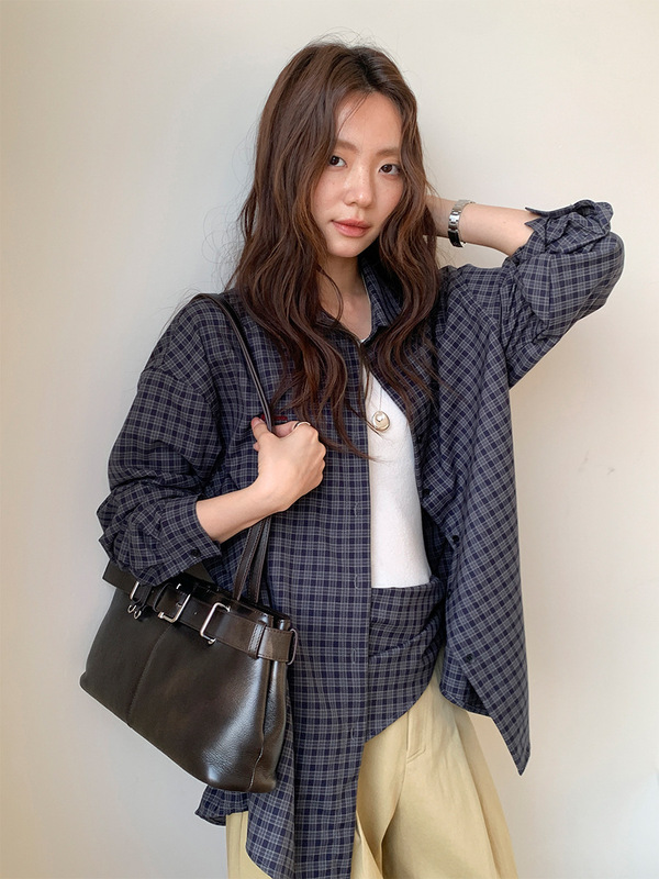 广州十三行2025秋冬韩系气质通勤混纺修身单排扣格子衬衫女02991|undefined