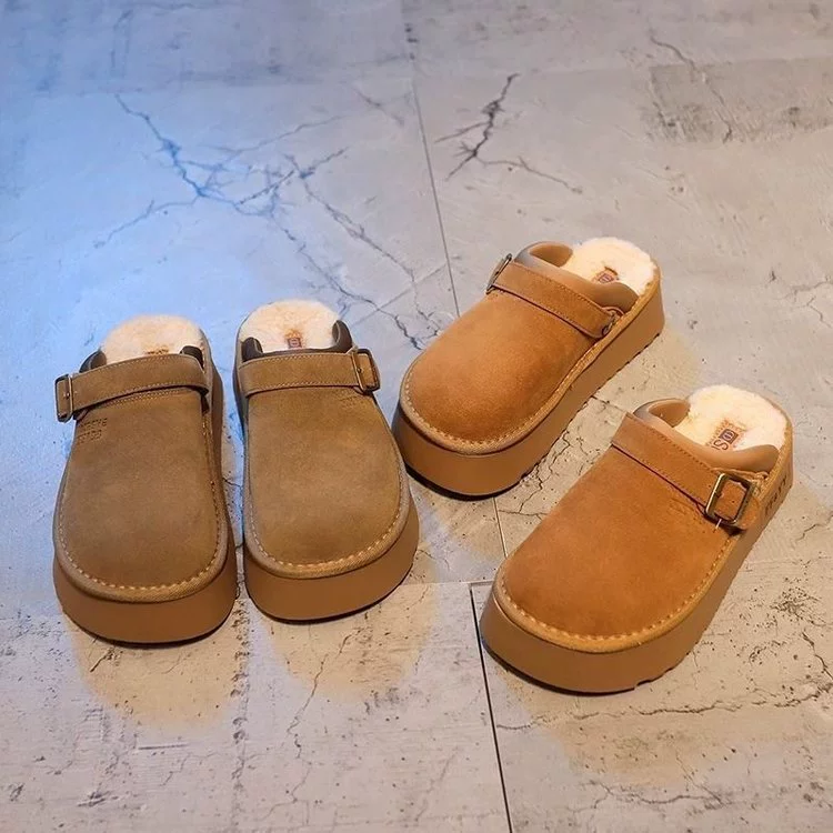 Туфли Birkenstock на толстой подошве, полутапочки с флисовой подкладкой для женской верхней одежды, новые зимние сапоги без шнуровки 2024 года, хлопковые тапочки