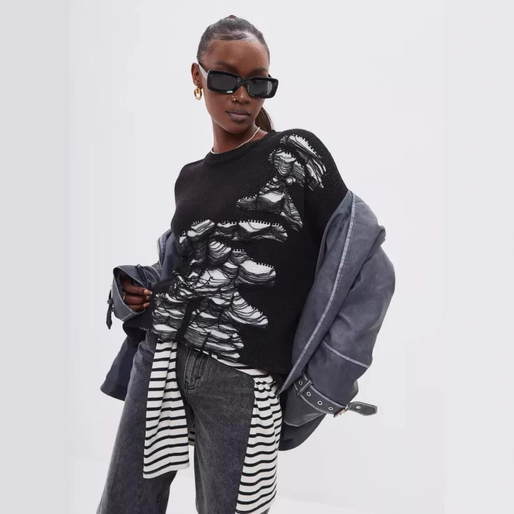 Sieviešu apģērbs Pulovers ar garām piedurknēm Ins Style Meiteņu top trikotāžas džemperis ikdienišķs brīvs, nobružāts džemperis_voghion.com