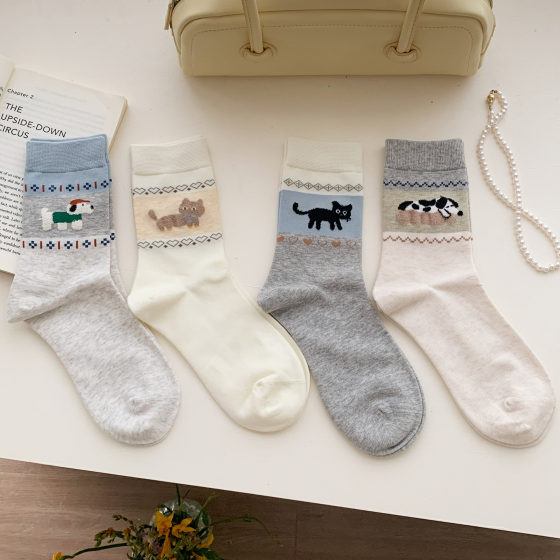 Original socks women's socks boneless socks retro style color matching fair island cute cartoon kitten cotton socks