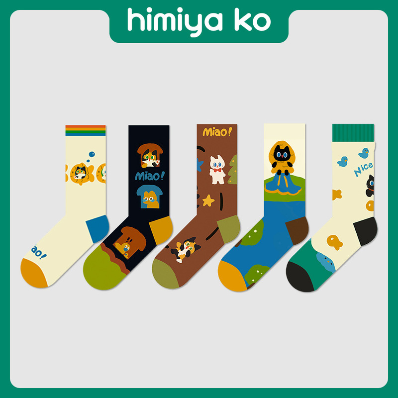 Summer Original Sweat-absorbent Cartoon Meow Meow Mid-length Socks Women's Thin Breathable Cute Illustration Fashionable Zhuji Socks Men