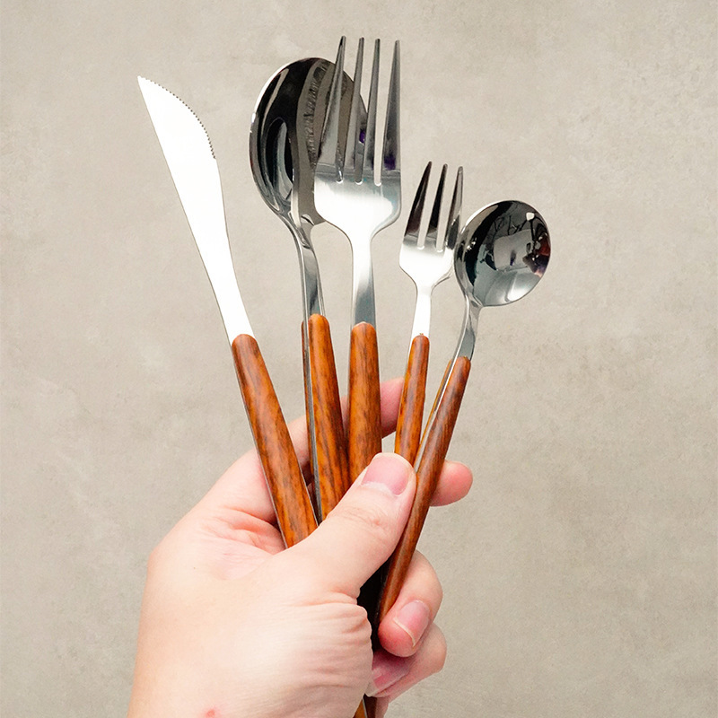 Cross-Border Retro Imitation Wooden Handle Stainless Steel Tableware Portuguese Ins Dessert Cake Bread Western Food Knife, Fork and Spoon Set Cross-Border Retro Imitation Wooden Handle Stainless Steel Tableware Portuguese Ins Dessert Cake Bread Western Food Knife, Fork and Spoon Set