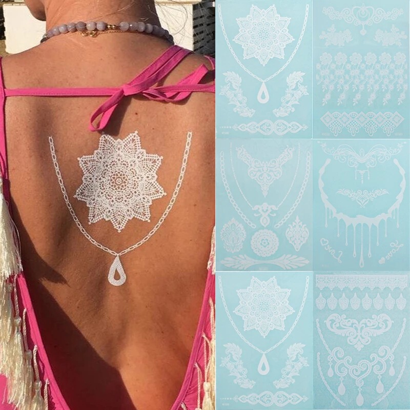 Lady henna white lace tattoo sticker Bride wedding Festival face neck chest arm foot temporary