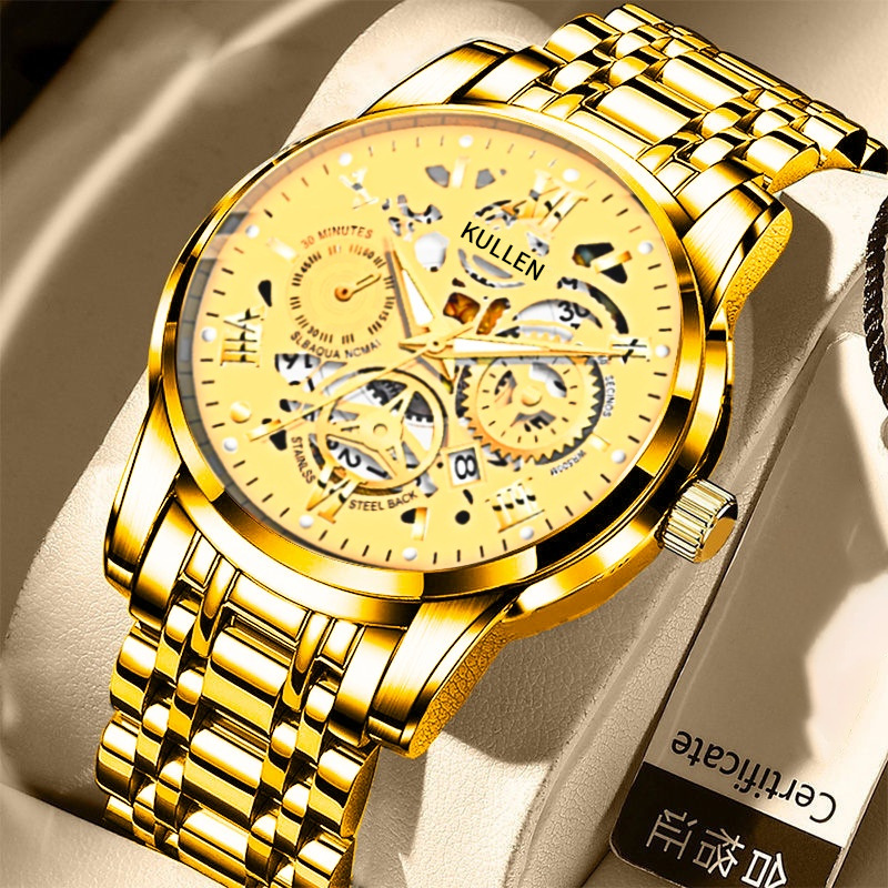 Kullen Brand Trendyy Fashion Classy Waterproof Luminous Business Fully Automatic Quartz Roman Cut Out Men's Watch