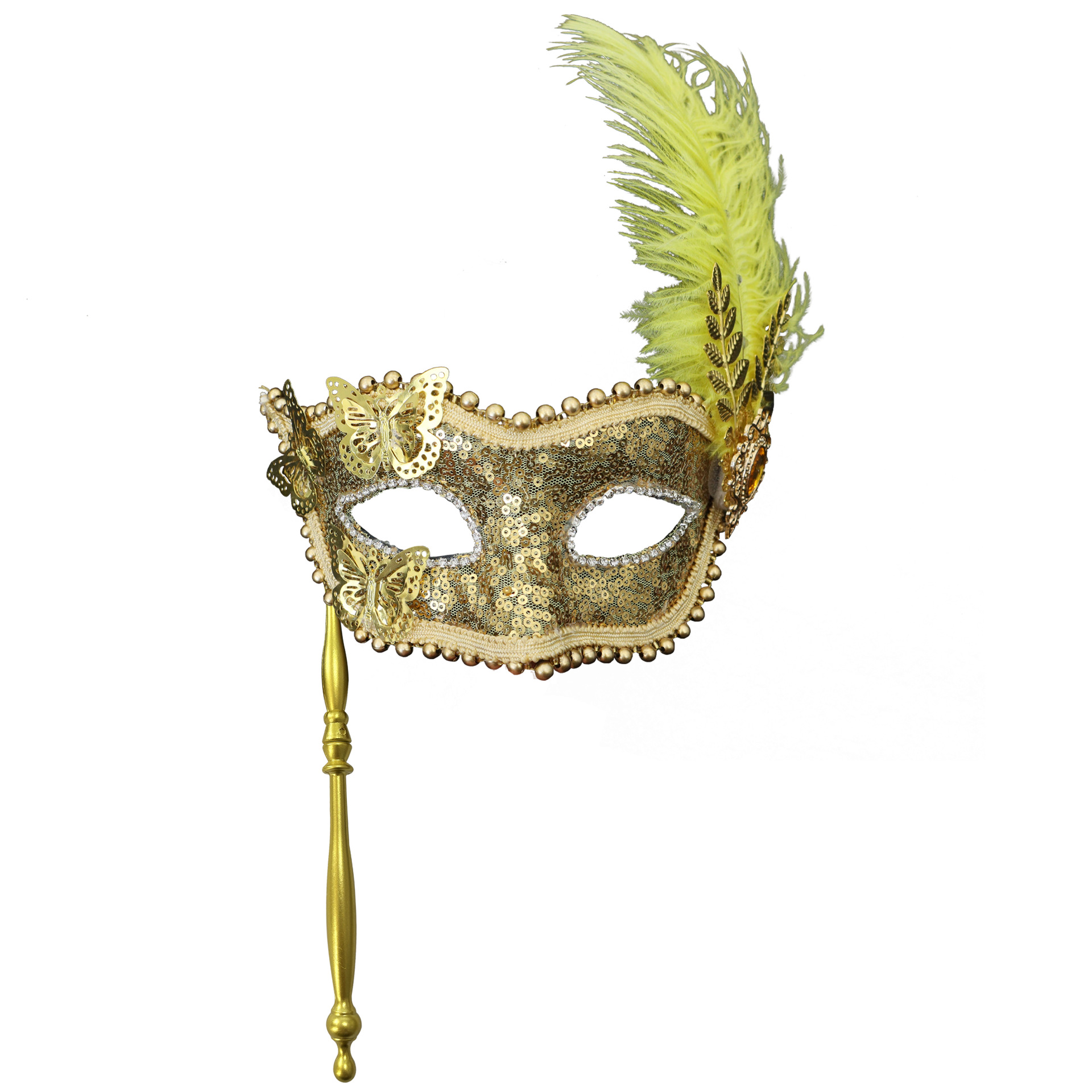 Amazon venta caliente de máscaras de sequillas de mano de borde lateral plumas metálicas mariposas maquillaje máscara de baile de damas