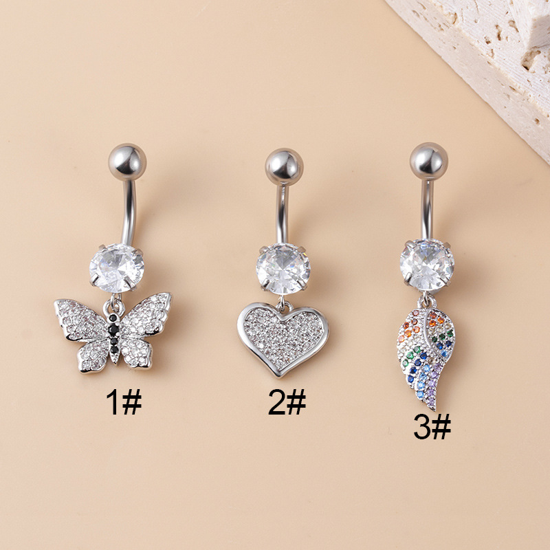 Fashion Heart Shape Stainless Steel Copper Inlay Zircon Belly Ring 1 Piece