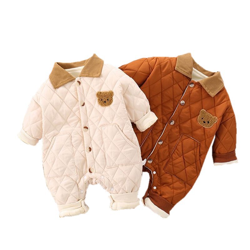 Bebé recién nacido mono forrado de vellón Otoño e Invierno macho y hembra bebé acolchado cálido acolchado solapa forrado de vellón oso mameluco