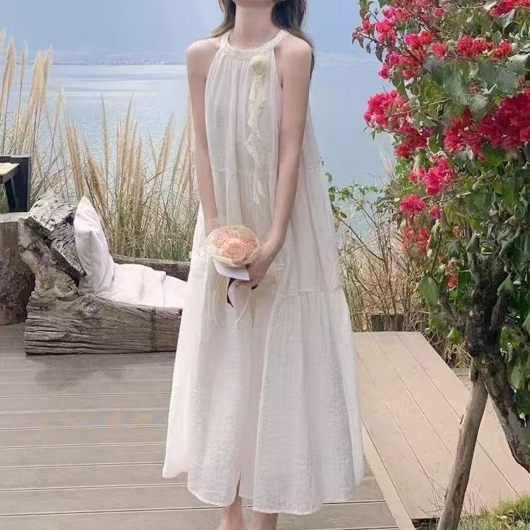 Đầm maxi nữ thắt eo phong cách Pháp hoa nhẹ nhàng không tay dáng dài mùa hè — màu xanh nhạt, màu trắng, Vàng nhạt, màu mơ chi tiết 3