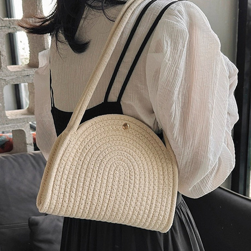 Hand-woven underarm bag, fashionable and versatile woven bag, summer casual minority cotton rope hand-held bag, beach bucket bag.