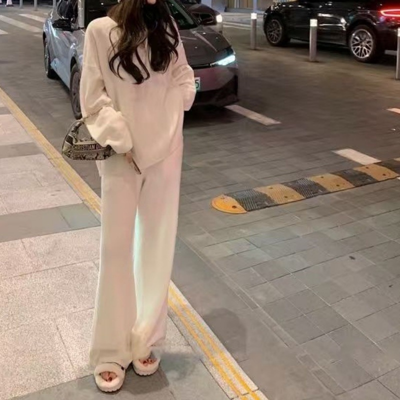 欧美跨境慵懒系穿搭针织套装秋冬新款高级感时尚毛衣阔腿裤两件套|undefined