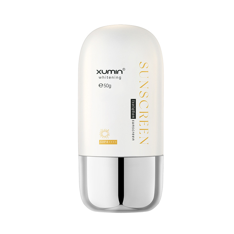 Nuevo Xumin embalaje cosméticos maquillaje frente leche manguera 50ml blanco protector solar crema botella brillante plata cubierta aislamiento crema botella