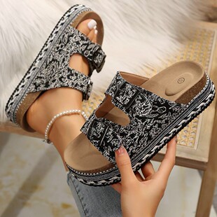 Foreign Trade 2024 Summer Flat Cork Beach Shoes Women's Internal and External Wear Double-breasted Sandals with Open Toe Slipper