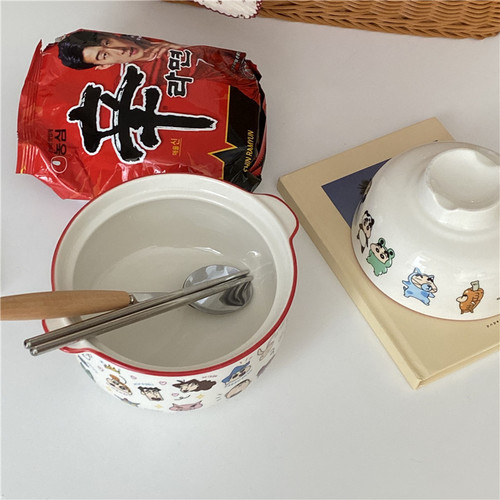 Ins style cute cartoon instant noodle bowl with lid large capacity Japanese girly heart ceramic bowl breakfast bowl household tableware