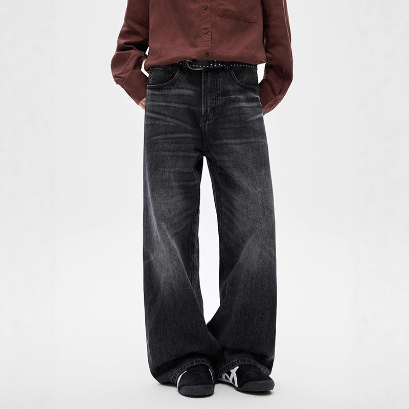 Men's Clothing Whiskered Denim Jeans American Style Straight Leg Retro Loose Fit Wide Leg Washed Black Trousers For Men And Women_mkmklike.com