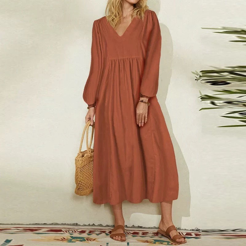 Women's Casual Cotton Linen Dress Loose Oversized Lantern Sleeves Vintage European American Daily Wear_ecoleips.com