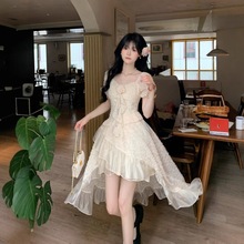 法式气质减龄连衣裙女2025新款夏季前短后长不规则拖尾公主裙中东