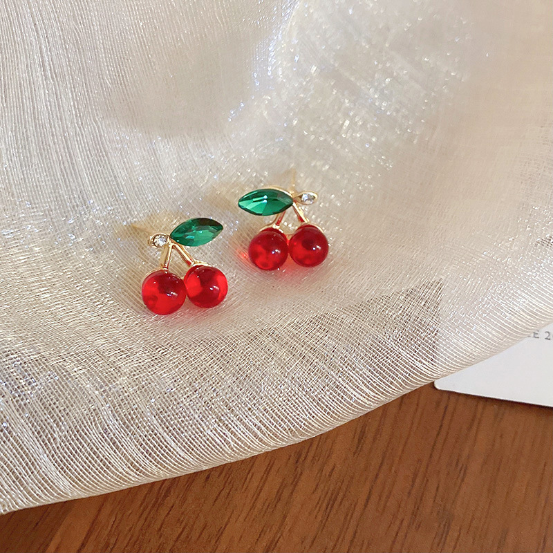 10g Weight 925 Sterling Silver Ear Needle Material Glass Inlay Material Ear Studs Classification 1 Pair Quantity Daily Occasion Alloy, Glass Material Cherry Pattern Women's Gender Cute, Sweet Style 1 Pair Cute Sweet Cherry Alloy Glass Glass Ear Studs 6