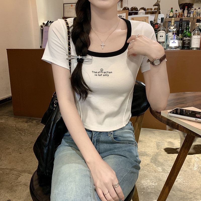 スレッドショルダースクエアカラー半袖Tシャツ女性用インカラーブロックピュアディザイアホットガールスリム痩身鎖骨ショートフィッシュボーントップ|undefined