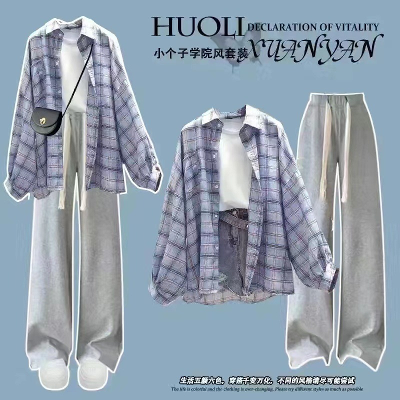 夏の女子学生韓国風ルーズ長袖チェック柄日焼け止め服シャツ+半袖Tシャツ+|undefined