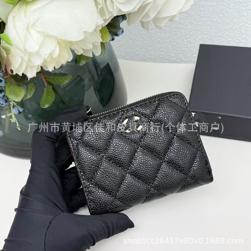New Chanel-Style Genuine Leather Caviar Pattern Coin Purse with Zipper, Multiple Card Slots, Card Holder Wallet, Fashionable and High-End Feel