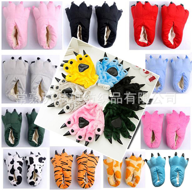 Super soft velvet animal home paw shoes for men and women couples winter paw cotton bag heel shoes blue green Wholesale