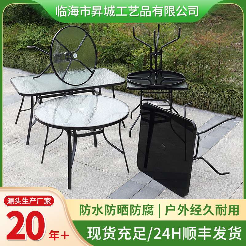 Manufacturer-Approved Outdoor Folding Table, Leisure Tempered Glass European-Style Dining Table, Iron Art Transparent Glass Villa Round Folding Table