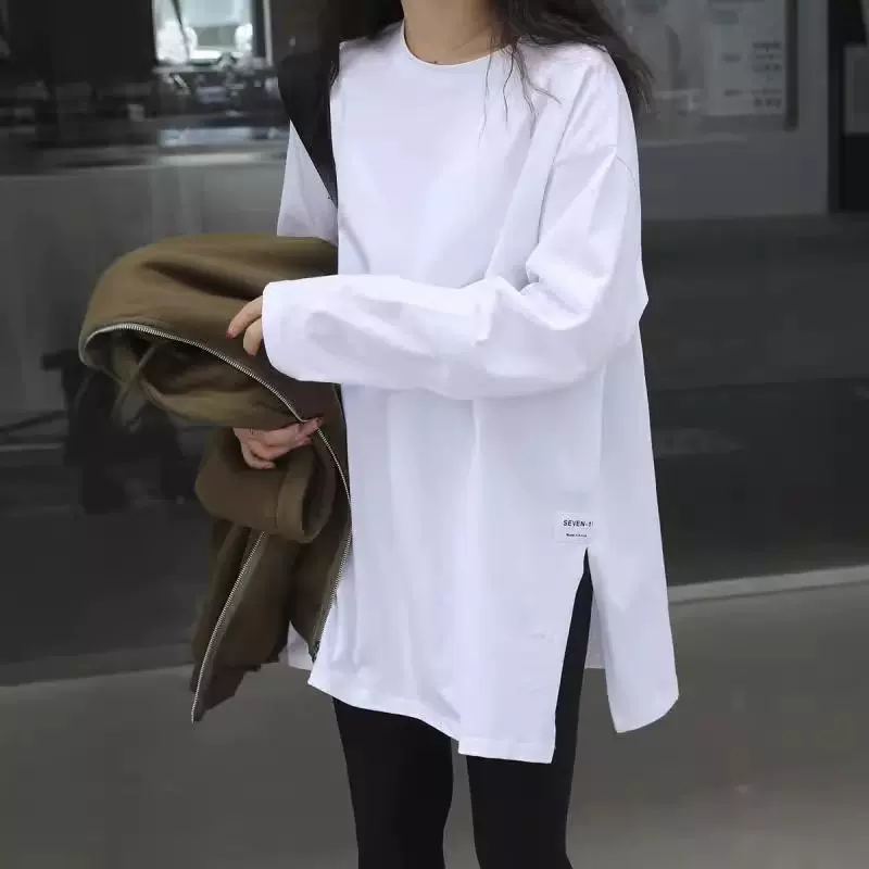 纯棉白色t恤女装2024秋冬上衣小众打底衫长袖宽松叠穿配卫衣内搭