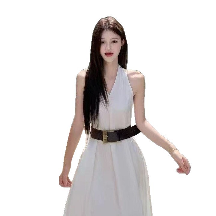 时尚御姐风穿搭V领挂脖连衣裙女夏季小众设计感无袖收腰显瘦长裙|undefined