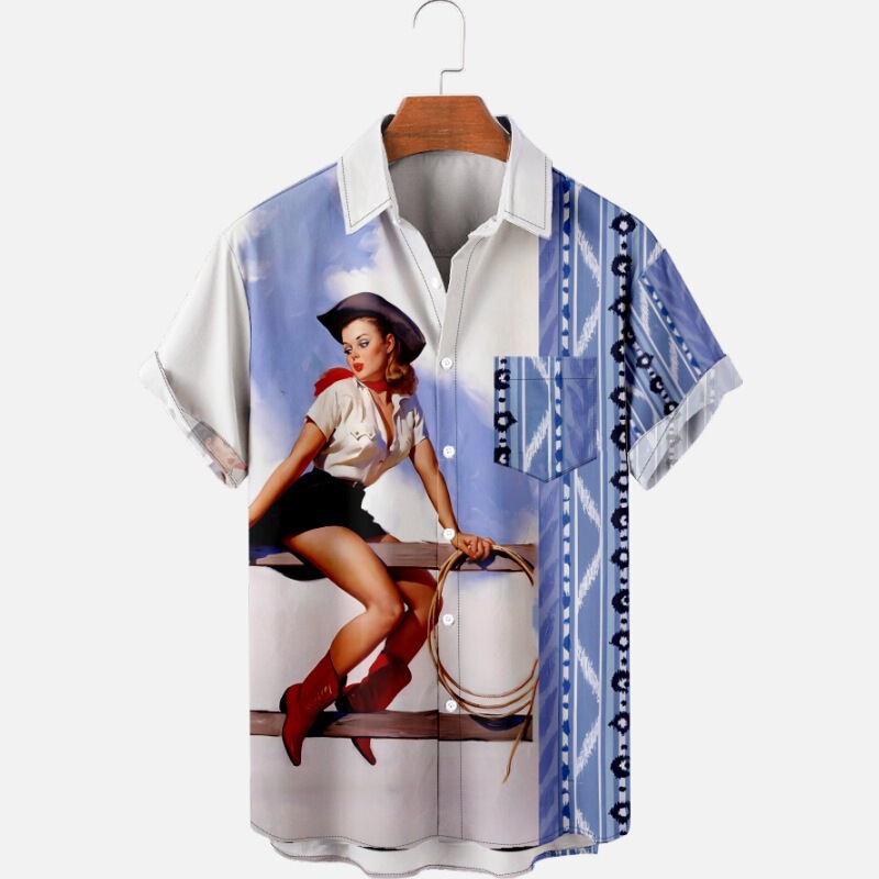 Amazon Cross-border Casual Art Geometric Stripe Wrangler Printed Shirt Men's Short-sleeved Shirt Stand-alone