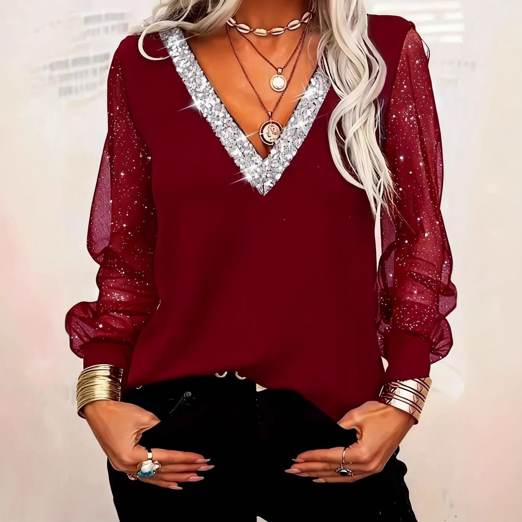Spring Summer Women's Sequin V Neck Mesh Top Long Sleeve Casual Fashion T-Shirt_ecoleips.com
