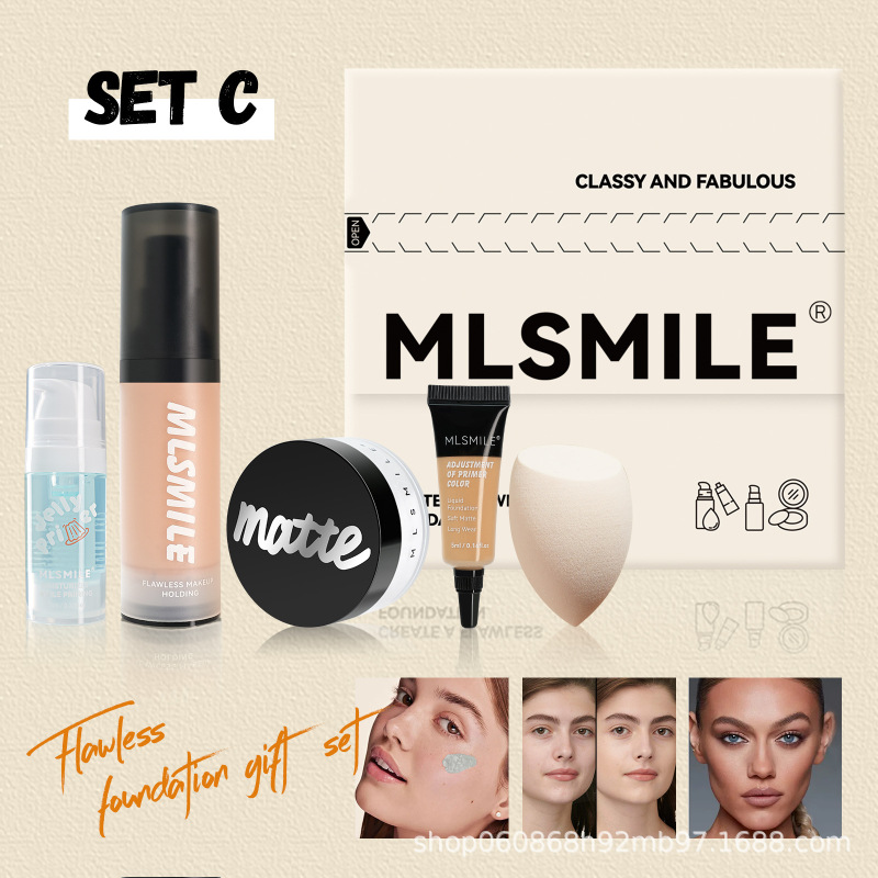 MLSMILE クロスボーダー専用フェイシャルセット マットルースパウダーリキッドファンデーション + メイクアッププライマー 無料ビューティーエッグファンデーションサンプル|undefined