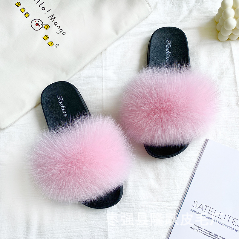 Amazon transfronterizo zapatillas de pelo de zorro real zapatillas de pelo de fondo plano zapatillas de pelo de mujer zapatillas de pelo de verano nuevas exportaciones