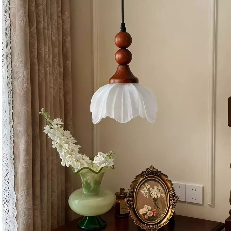 Flower Chandelier Medieval Retro Bedroom Single-Head Hanging Small Chandelier Petal Creative Design Art Bedside Chandelier