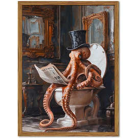 复古章鱼在马桶上读报纸的图片墙装饰蒸汽朋克海洋动物绘画画布