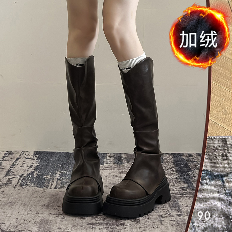 长筒靴女秋冬新款靴子口高筒小筒围粗跟爆款长靴真皮骑士靴|undefined