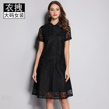 夏装中老年品牌小黑裙 欧洲站波点蕾丝中长款妙龄a字大码连衣裙